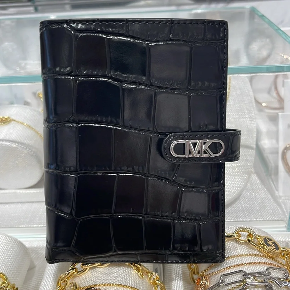 Michael Kors Empire Metallic Crocodile Embossed Leather Passport Wallet Black
